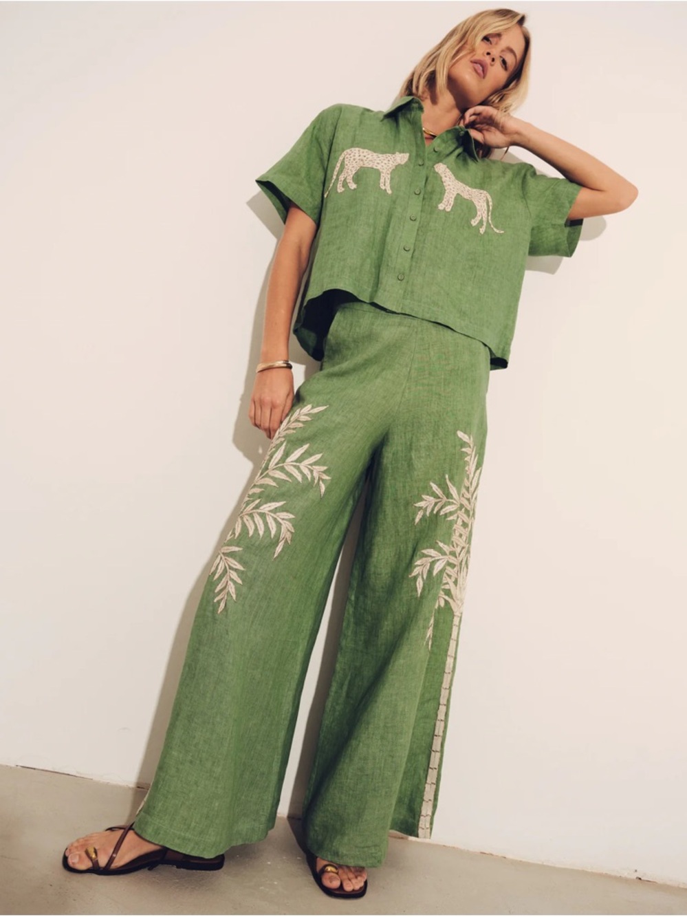 Green Embroidered Wide-Leg Linen Pants